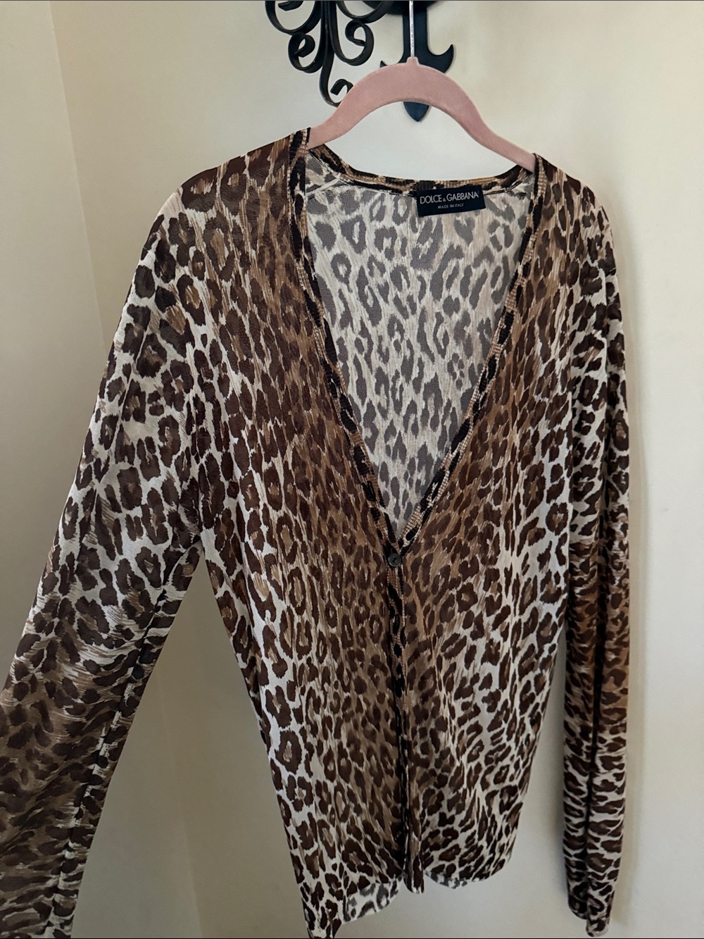 Dolce & Gabbana Leopard Print Sheer Button-Front Cardigan in Brown and Cream